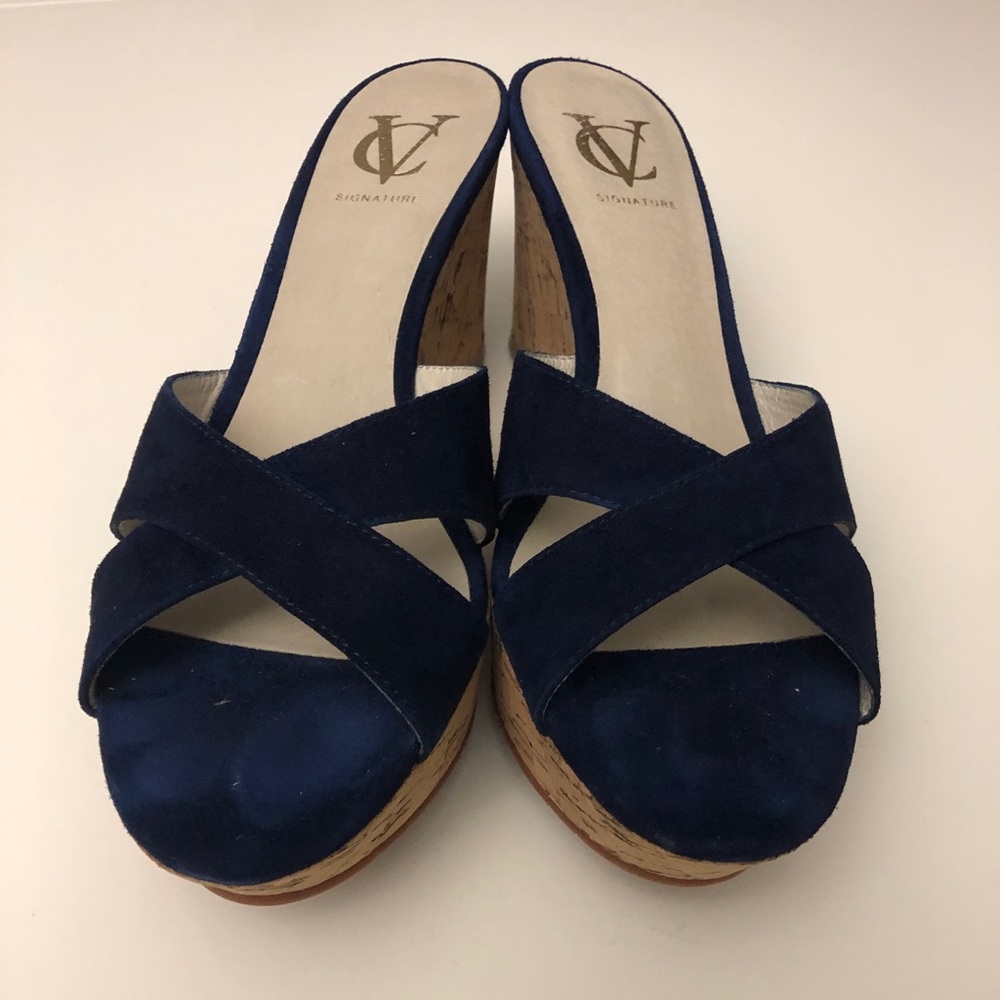 Vince Camuto Navy Suede Cork Wedges